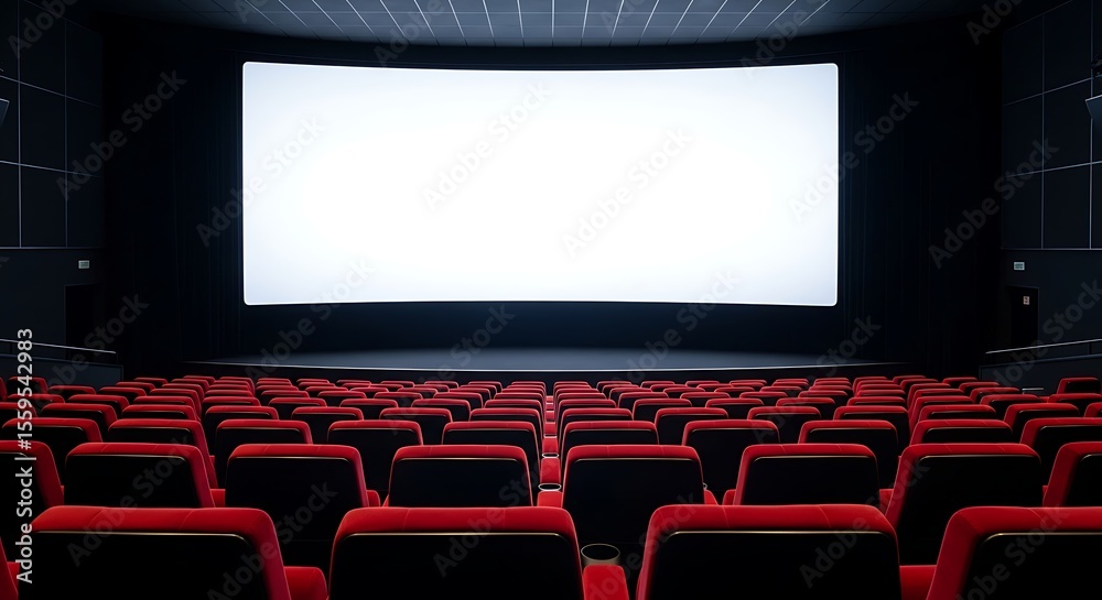 Fototapeta premium Interior view of a large cinema hall with a blank screen and red seats