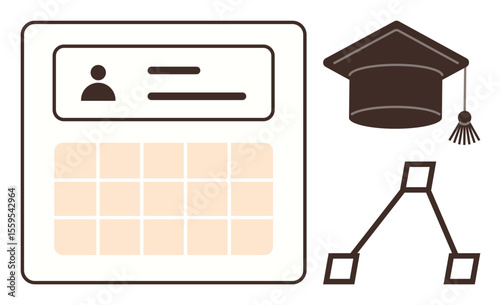 User profile with grid layout, graduation cap, and hierarchical flowchart. Ideal for education, learning management, academic planning, career growth, online courses, data organization simple flat