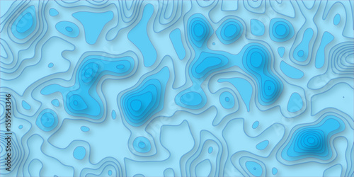 3D Stylized bule Topographic Contour Scheme and Terrain. Geographic mountain terrain.  realistic papercut decoration textured with wavy layers. 3d topography relief. Vector topographic illustration