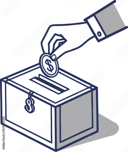 A hand wearing a suit sleeve drops a coin with a dollar sign into a donation box with a dollar sign emblem on the front