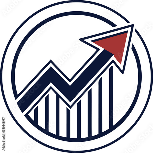 Stylized circular graphic featuring a dark blue upward trending arrow and bar chart with a red arrowhead symbolizing growth and success