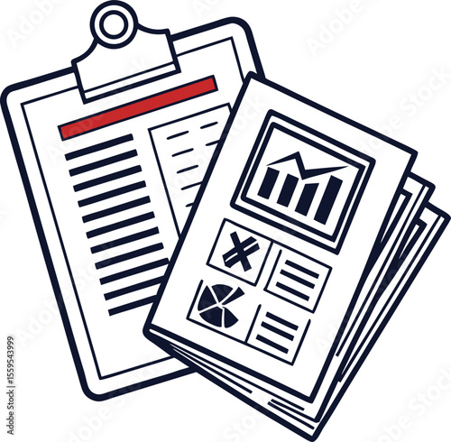 Stylized illustration of a clipboard with a document featuring text and a red accent bar next to a stack of papers displaying charts and graphs