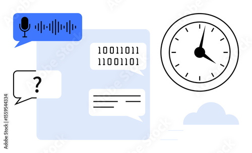 Speech bubble with microphone and soundwaves, binary code in text box, clock face, and cloud. Ideal for communication, AI, machine learning, time tracking, efficiency digital tools simple flat