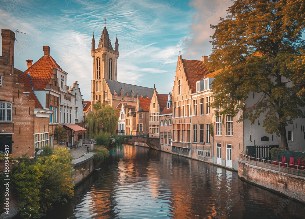 Fototapeta premium A picturesque view of a gothic church juxtaposed with historic townhouses, complemented by a serene canal flowing beneath a clear blue sky, showcasing the city's rich architectural heritage.