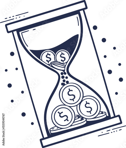 Conceptual illustration of an hourglass with dollar coins flowing through representing the passage of time and financial accumulation or loss