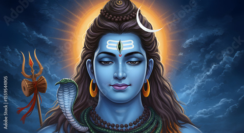 A serene depiction of the Hindu deity Shiva, radiating divine energy and peace.