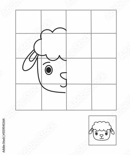 Symmetry drawing for kids, draw the other half side sheep activity for kindergarten, complete picture worksheet, Symmetry worksheet animals