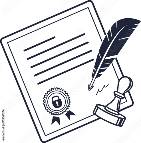 A quill pen poised to sign a document with a security seal and a stamp symbolizing official approval and authentication