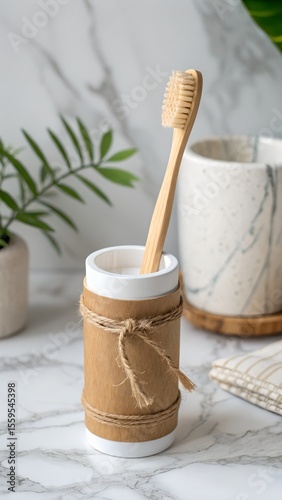 A simple bamboo toothbrush rests in its natural holder on a clean marble surface, surrounded by light, representing sustainable living practices.