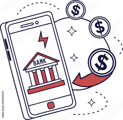 Illustrative concept of mobile banking and financial transactions with a smartphone displaying a bank building and dollar coins circulating