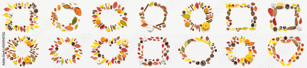Fototapeta premium Many frames made of autumn leaves on white background