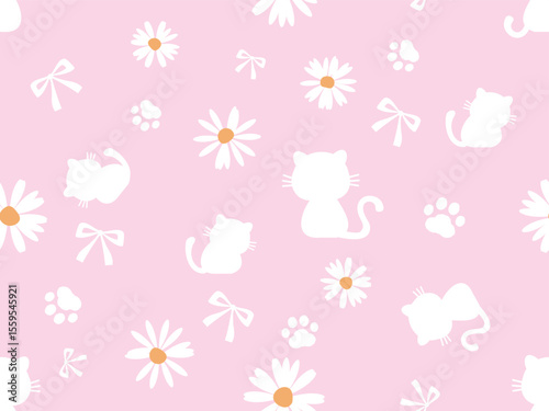 Seamless pattern with daisy chamomile flower, cat kitten, paw print and ribbon bows on pink background vector.