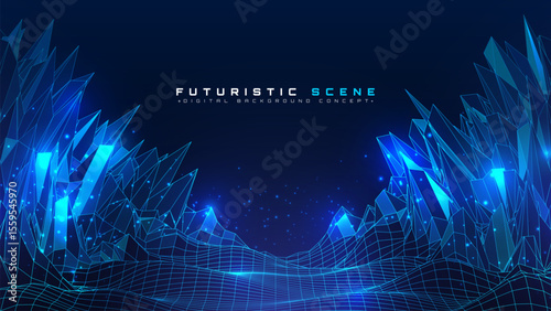 Futuristic blue wireframe landscape with neon polygon mesh. Digital network technology and data flow scene design concepts. Vector illustration.