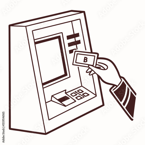 Close up line art illustration of a hand inserting a credit card into an atm machine for financial transactions and banking services