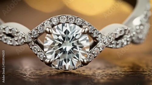 A dazzling diamond engagement ring with an ornate band sparkles against a blurred background