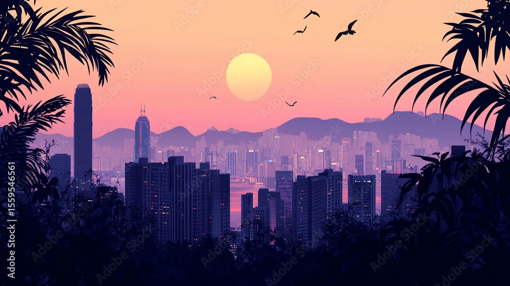 Fototapeta premium Vaporwave Cityscape: A Tropical Sunset Over Urban Majesty in Asia