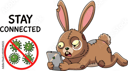 Stitched Cartoon Rabbit Using a Smartphone with Worried Expression.