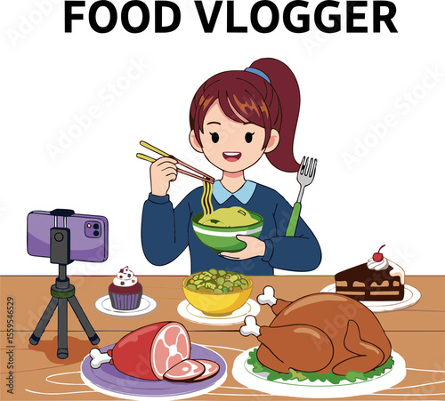 Cartoon Food Blogger Enjoying Noodles with Chopsticks Surrounded by Delicious Food.