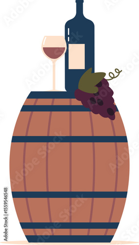 Wine bottle, grapes on barrel