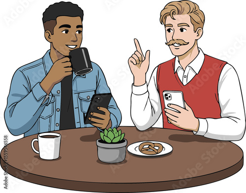 Two Men at Coffee Shop with Phones Coffee and Pretzel.