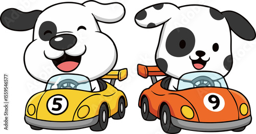 Cartoon Dogs Driving Race Cars Yellow Car with Number 5 Orange Car with Number 9.