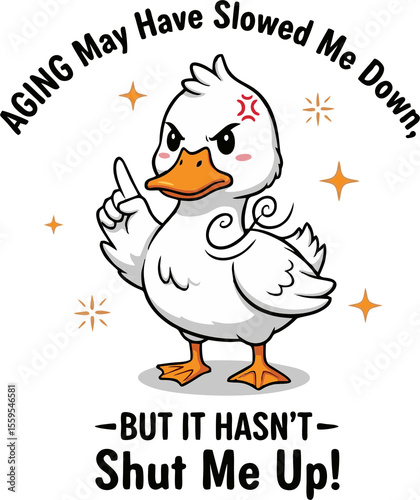 Angry White Duck Cartoon Character with Orange Beak and Feet Pointing Upward.