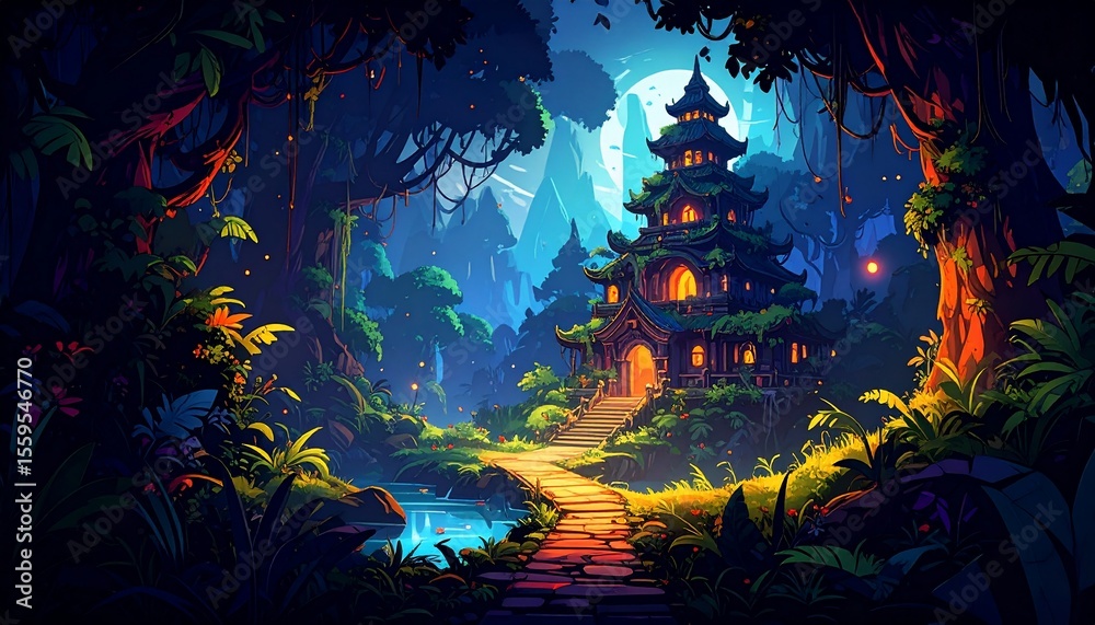 Obraz premium Enchanted Forest Temple: A Nighttime Journey