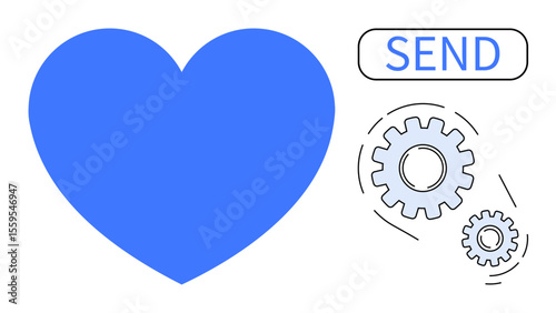 Blue heart alongside send button and gears represents automated messages, processes, efficiency, and emotion. Ideal for technology, communication, love, automation, teamwork relationships
