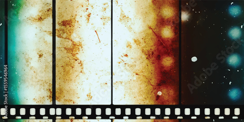 Vector seamless pattern, Grunge filmstrip with empty dusty frames or cells and nice texture on the border, fluffs on film material, real film grain texture, light leaks scratches dust old film
