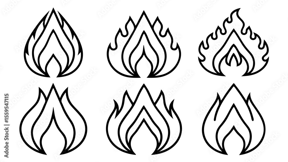 Fire flame line set icons in line art style collection Fire flame line set icons in line art style collection
