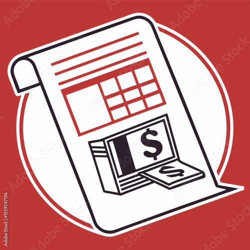 Stylized illustration of a financial document or invoice with a stack of cash and a dollar sign symbolizing income expenses or payment processing