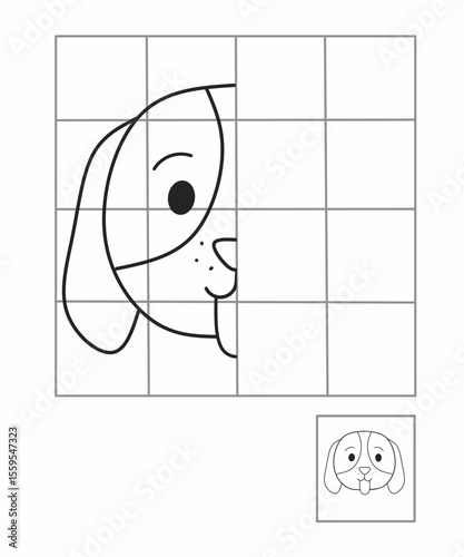 Symmetry drawing for kids, draw the other half side dog activity for kindergarten, complete picture worksheet, Symmetry worksheet animals