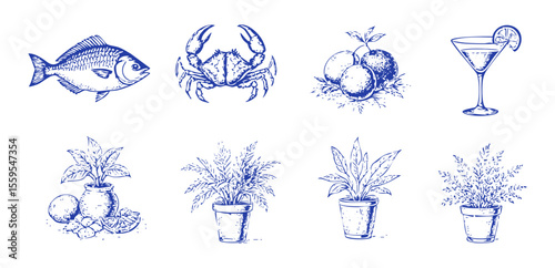 Illustration set of seafood crab and fish with cocktail and plants in pots vector drawing design art 100 silhouette