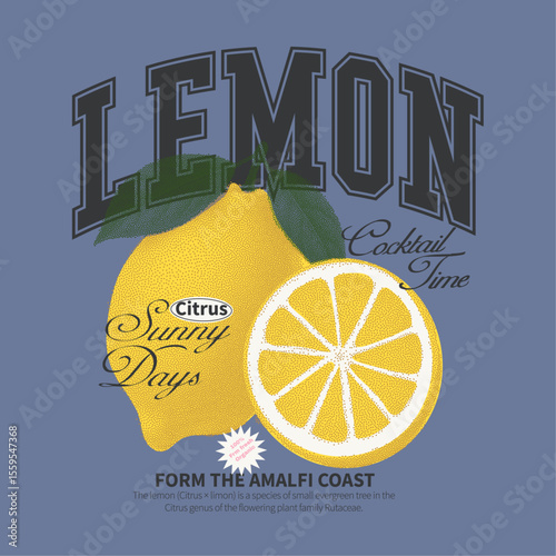Lemon collage vibes font and citrus graphics. Amalfi  lemon fruit print graphic. Citrus t-shirt design. womens girls graphic tee print.