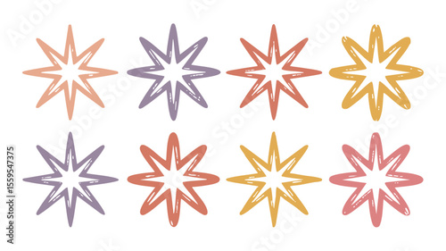 Eight starbursts in pastel colors vector pattern design element for graphic and web design projects usage silhouette