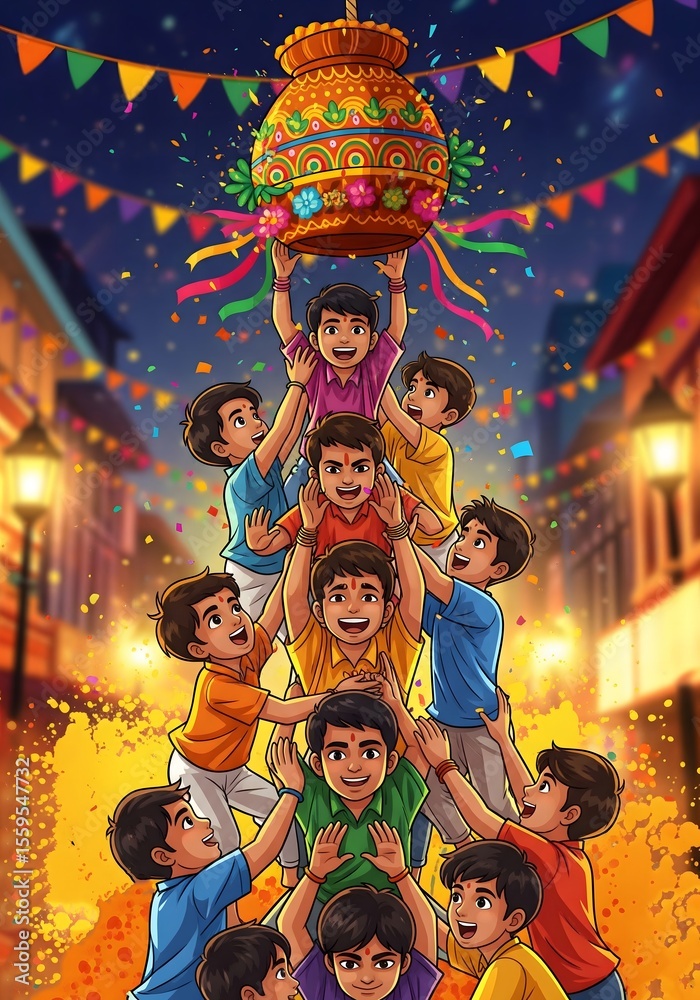 Fototapeta premium Dahi Handi Celebration - Janmashtami Festival Fun and Human Pyramid
