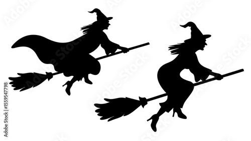 Set Of Flying Witch Silhouettes on Broomsticks