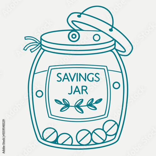 A simple teal line drawing of a glass savings jar with a lid slightly ajar featuring the words savings jar and decorative leaves on the label with coins inside
