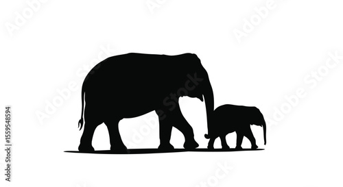 Elephant with Calf Silhouette Vector – Wildlife Family, Mother and Baby, African Savannah