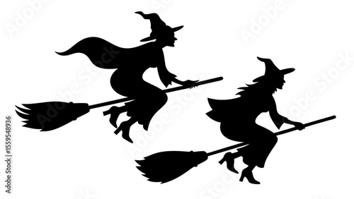 Set Of Flying Witch Silhouettes on Broomsticks