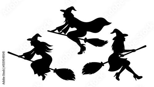 Set Of Flying Witch Silhouettes on Broomsticks