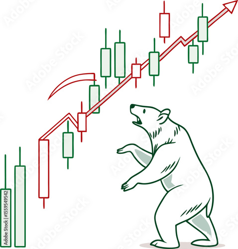 A confused or surprised cartoon polar bear stands on its hind legs looking up at a rising stock market candlestick chart with a red arrow indicating upward movement