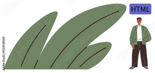 Young man wearing green jacket and brown trousers, standing beside abstract leaves and HTML tag. Ideal for web coding, technology, nature integration, environmental design, sustainability, modern