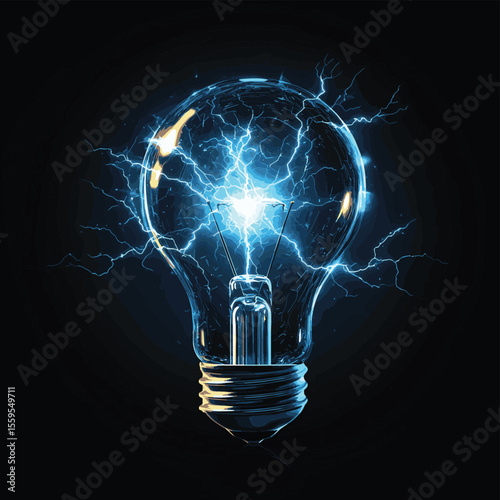 Realistic shining light bulb against a bright lightning. The concept of the born idea and the power of the mind. Electric abstract design