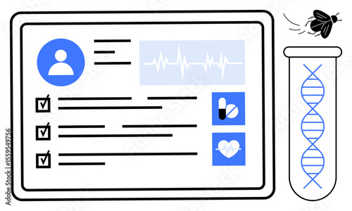 Medical report with user profile, health data, vitals, DNA in test tube, and pills. Ideal for healthcare, diagnostics, biotechnology genetics research medical apps wellness. Clean flat metaphor