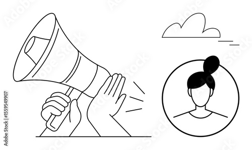 Hands stopping megaphone sound, face outline in circle, simple sky elements. Ideal for communication, silence, protest, control, leadership social awareness and minimalism. Simple flat metaphor