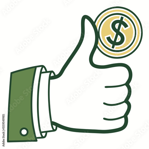 A stylized illustration of a hand wearing a green suit sleeve giving a thumbs up gesture with a golden coin featuring a dollar sign on its face