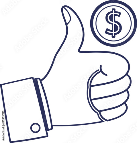 Business professional giving a thumbs up gesture with a coin featuring a dollar sign above their thumb symbolizing financial success and approval
