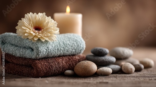 Relaxation Setting with Towels, Stones, Flower, and Candle for Spa Experience