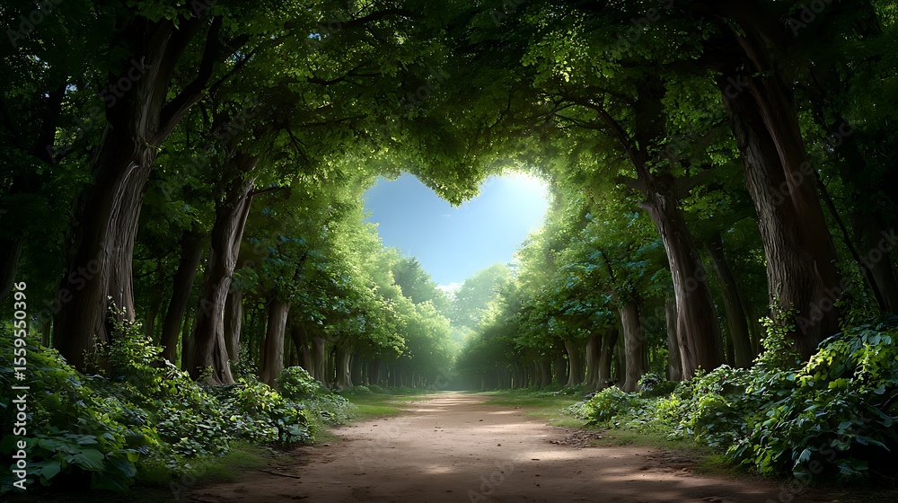 Naklejka premium Heart shaped nature path in green forest romantic landscape background love in nature canopy heart sky
